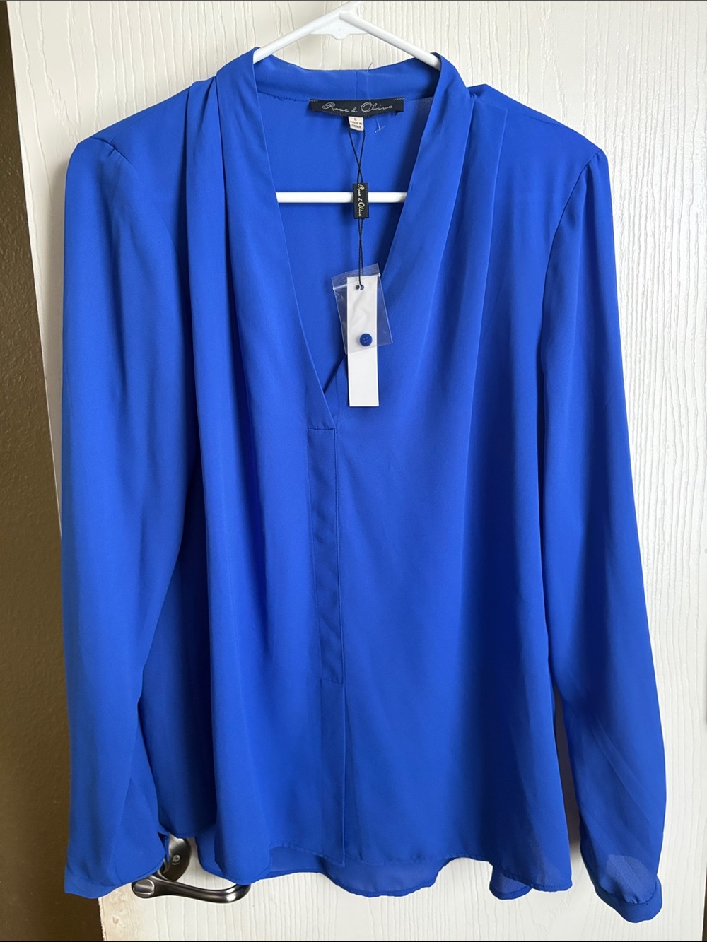 Rose and Olive Cobalt V-Neck Long Sleeve Blouse